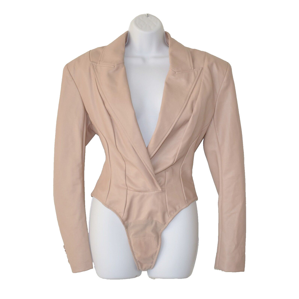 A6 NWT HOUSE OF LONDON Peony Blush Stretch Vegan Leather Bodysuit Jacket Size M